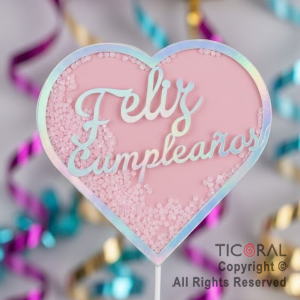 CAKE TOPPER CON CONFETTI CORAZON FELIZ CUMPLEA�OS ROSA (U24-226)